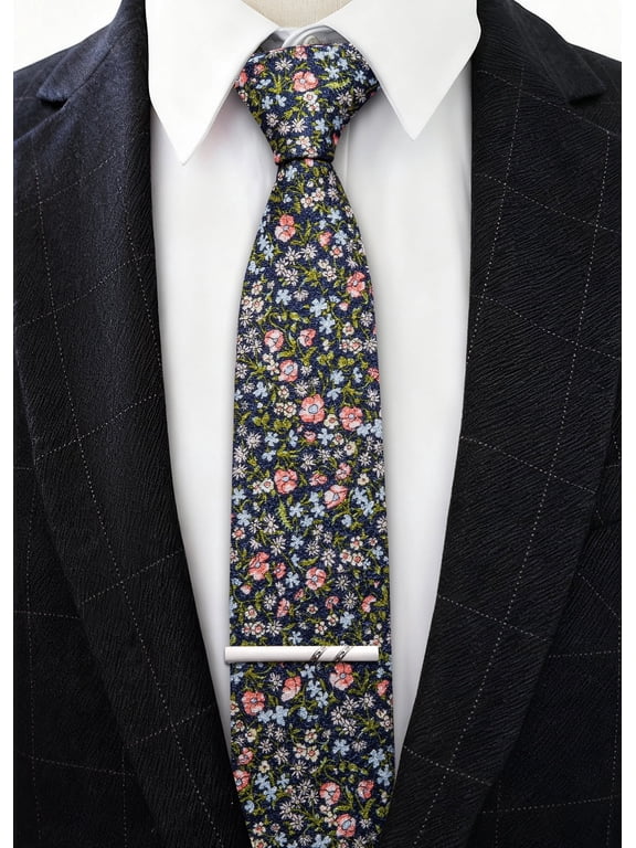 Barry.Wang Men's Cotton Ties Flower 3.15" Necktie Printed Skinny Tie Sets Clip Extra Long Flower Wedding Party Blue