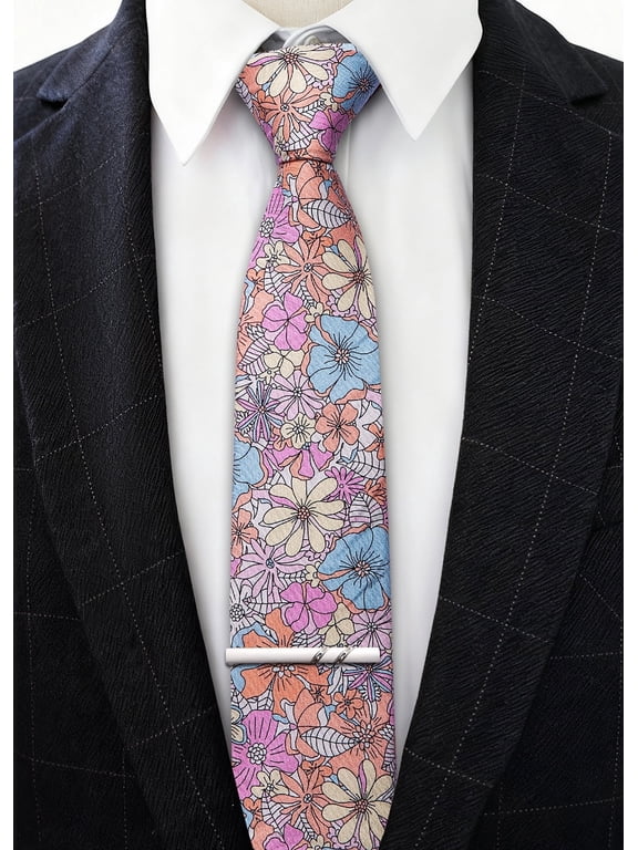 Barry.Wang Men's Cotton Ties Flower 3.15" Necktie Printed Skinny Tie Sets Clip Extra Long Flower Wedding Party Centaurea
