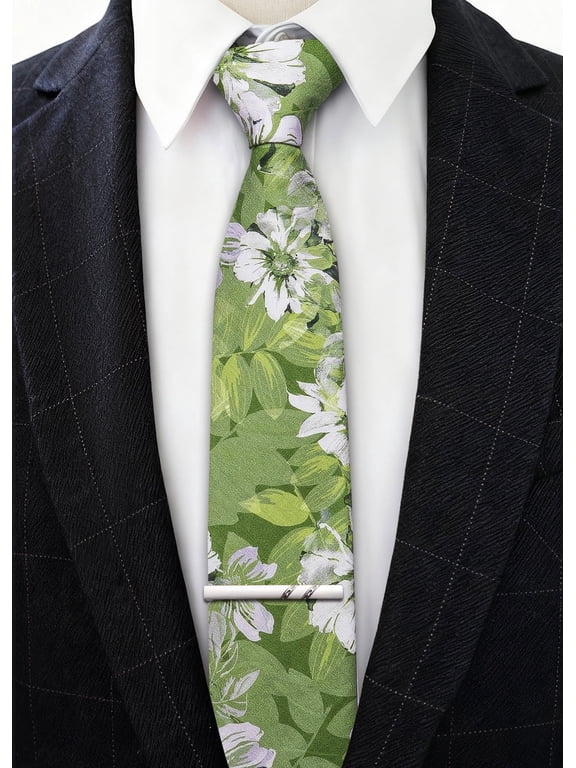 Barry.Wang Men's Cotton Ties Flower 3.15" Necktie Printed Skinny Tie Sets Clip Extra Long Flower Wedding Party Green