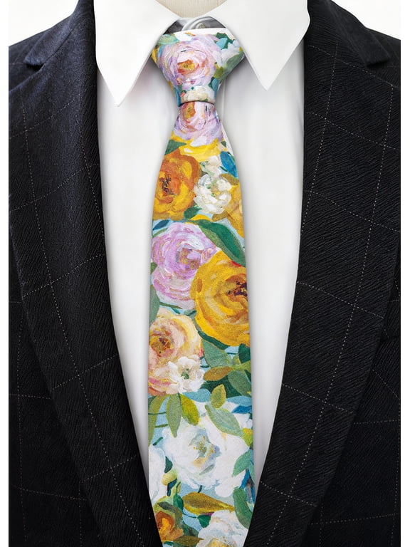 Barry.Wang Men's Cotton Ties Flower 3.15" Necktie Printed Skinny Tie Sets Clip Extra Long Flower Wedding Party Yellow