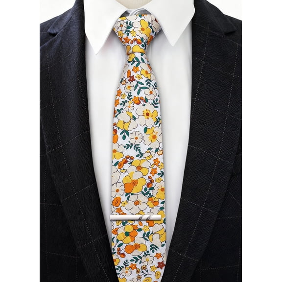 Barry.Wang Men's Cotton Ties Flower 3.15" Necktie Printed Skinny Tie Sets Clip Extra Long Flower Wedding Party Yellow