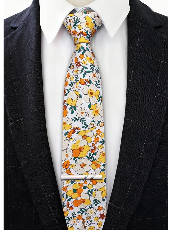Barry.Wang Men's Cotton Ties Flower 3.15" Necktie Printed Skinny Tie Sets Clip Extra Long Flower Wedding Party Yellow