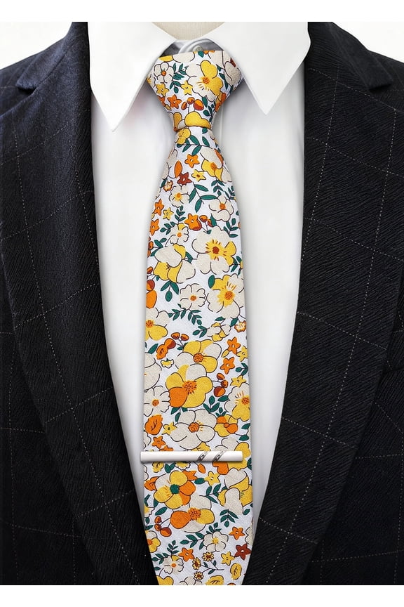 Barry.Wang Men's Cotton Ties Flower 3.15" Necktie Printed Skinny Tie Sets Clip Extra Long Flower Wedding Party Yellow