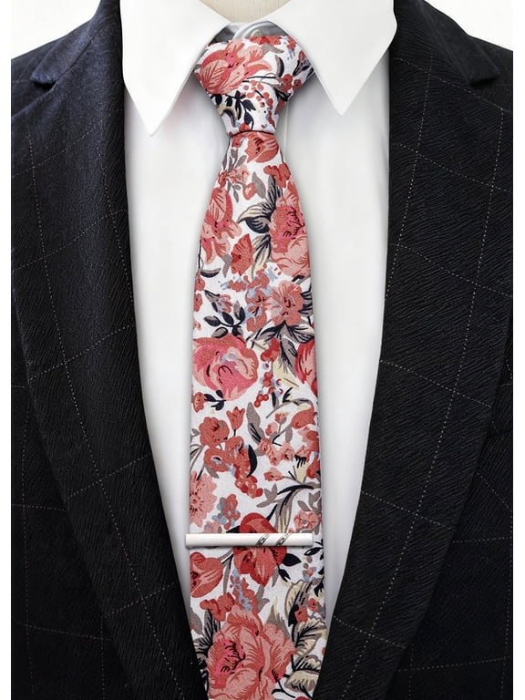 Barry.Wang Men's Cotton Ties Orange Flower 3.15" Necktie Printed Skinny Tie Sets Clip Extra Long Flower Wedding Party