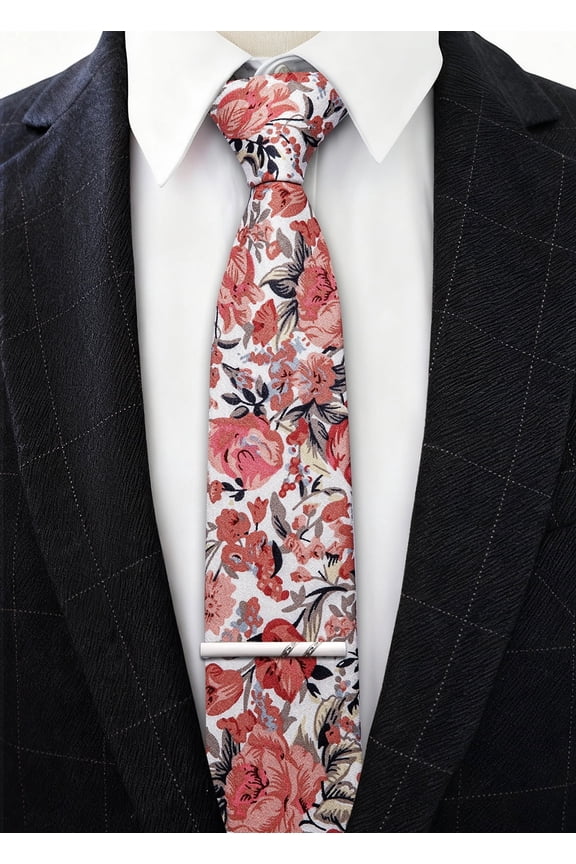 Barry.Wang Men's Cotton Ties Orange Flower 3.15" Necktie Printed Skinny Tie Sets Clip Extra Long Flower Wedding Party