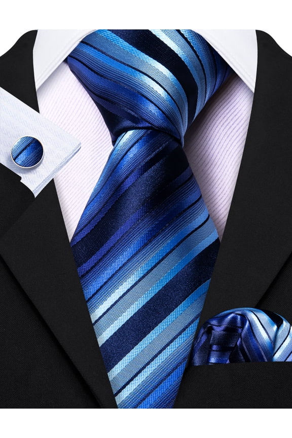 Barry.Wang Men's Ties Formal Stripe Necktie Set with Handkerchief Cufflink Silk Woven