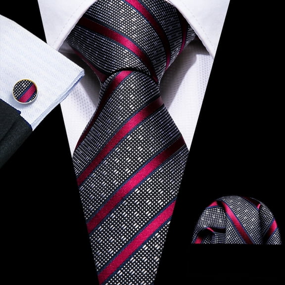 Barry.Wang Men's Ties Formal Stripe Necktie Set with Handkerchief Cufflink Silk Woven