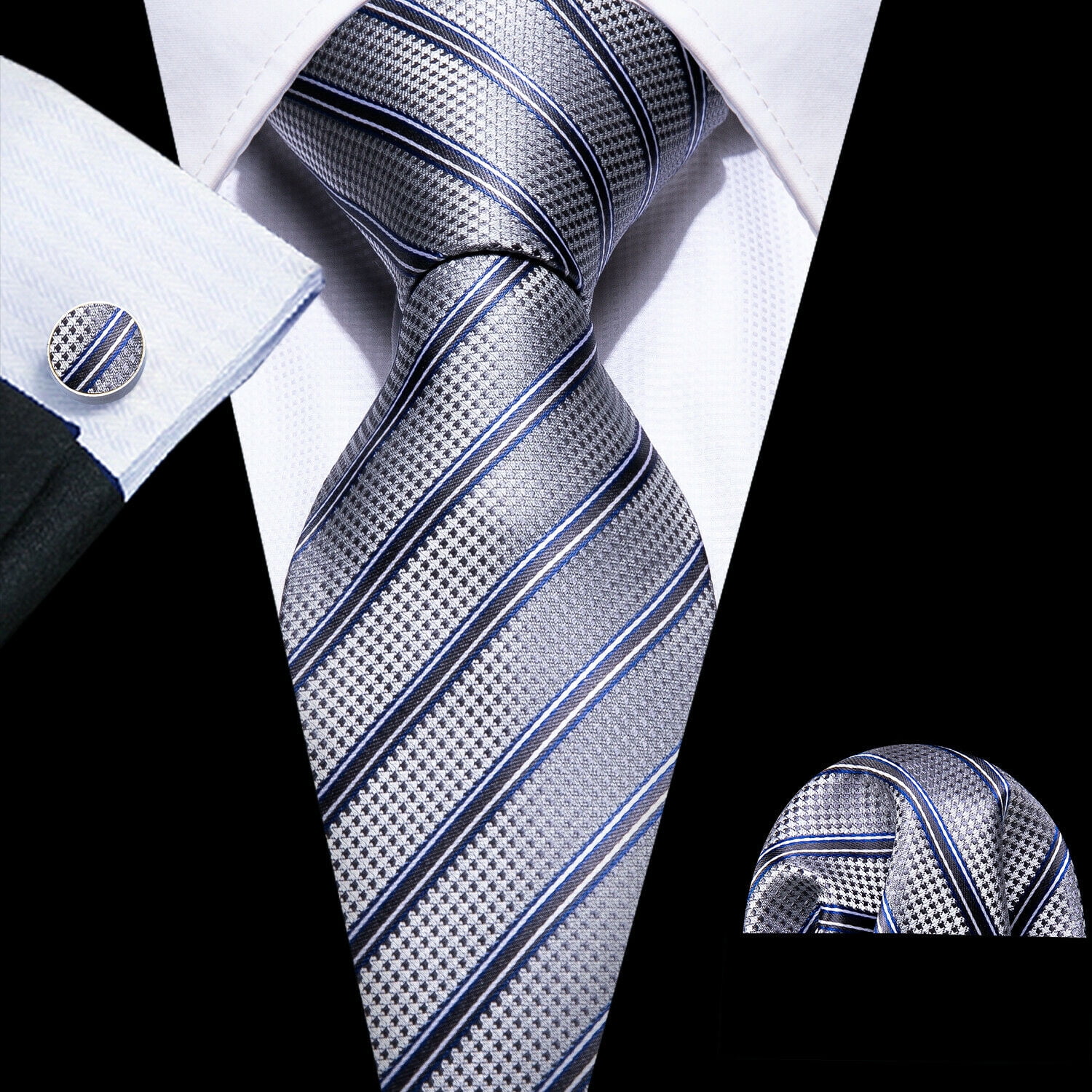 Barry.Wang Men's Tie Set - Classic Woven Stripe Necktie, Pocket Square, And Cufflinks, Gray Blue White Stripe - View #2