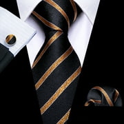 Barry.Wang Men's Ties Formal Stripe Necktie Set with Handkerchief Cufflink Silk Woven