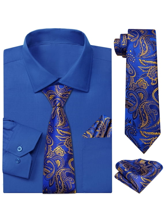 Barry.Wang Mens Dress Shirt and Tie Set 3pcs Blue Long Sleeve Button Down with Gold Pattern Necktie Handkerchief Formal Business Wedding