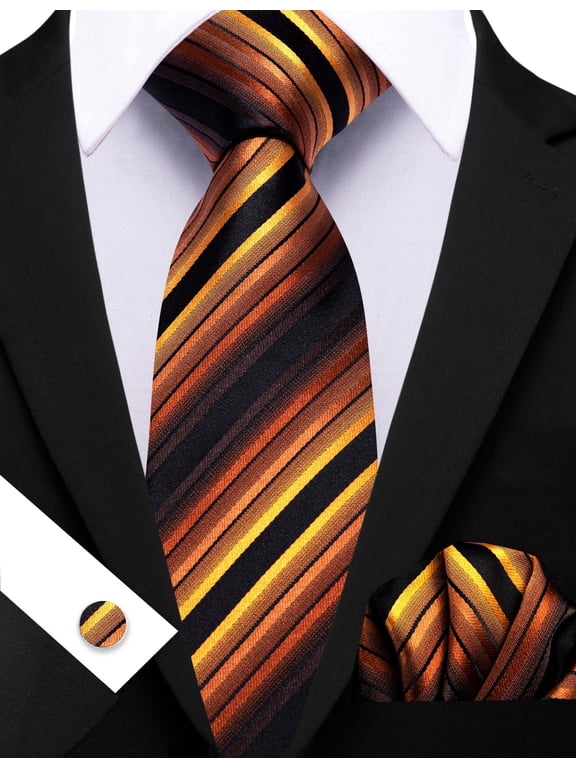 Barry.Wang Orange Silk Ties for Men Sets Woven Black Striped Formal Necktie Pocket Square Cufflinks Wedding Party 4PCS Gold