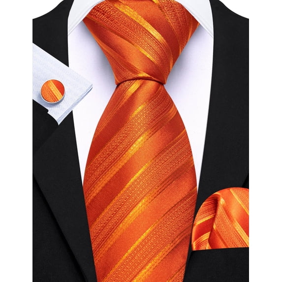 Barry.Wang Orange Silk Ties for Men Sets Woven Pure Striped Formal Necktie Pocket Square Cufflinks Wedding Party 4PCS