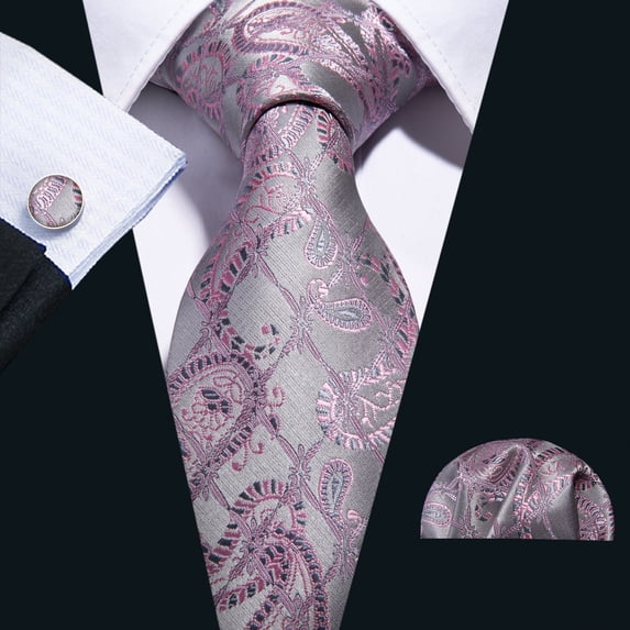 Barry.Wang Paisley Ties for Men Flower Silk Necktie Set with Handkerchief Cufflinks Wedding Party Business
