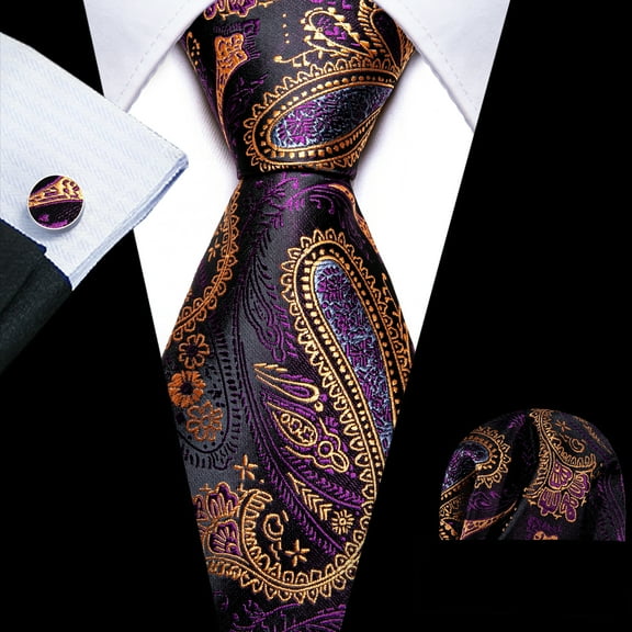 Barry.Wang Paisley Ties for Men Flower Silk Necktie Set with Handkerchief Cufflinks Wedding Party Business