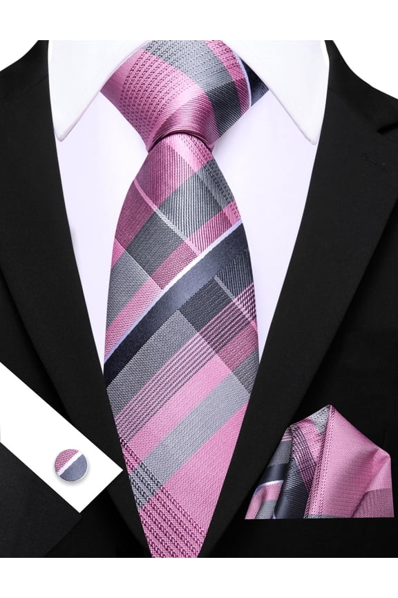 Barry.Wang Pink Silk Ties for Men Sets Woven Gray Striped Formal Necktie Pocket Square Cufflinks Wedding Party 4PCS