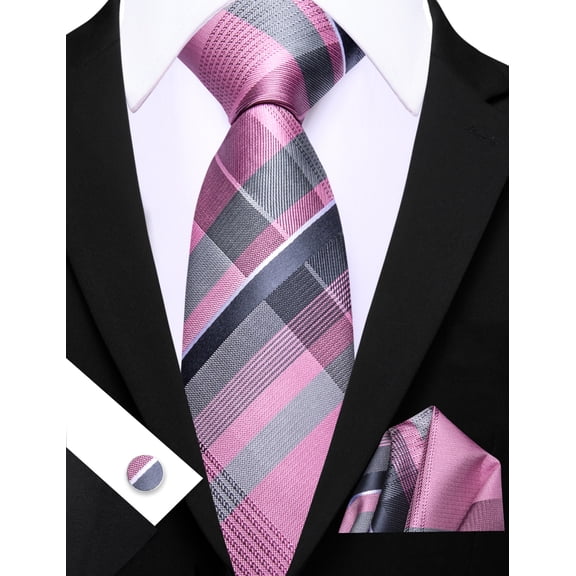 Barry.Wang Pink Silk Ties for Men Sets Woven Gray Striped Formal Necktie Pocket Square Cufflinks Wedding Party 4PCS