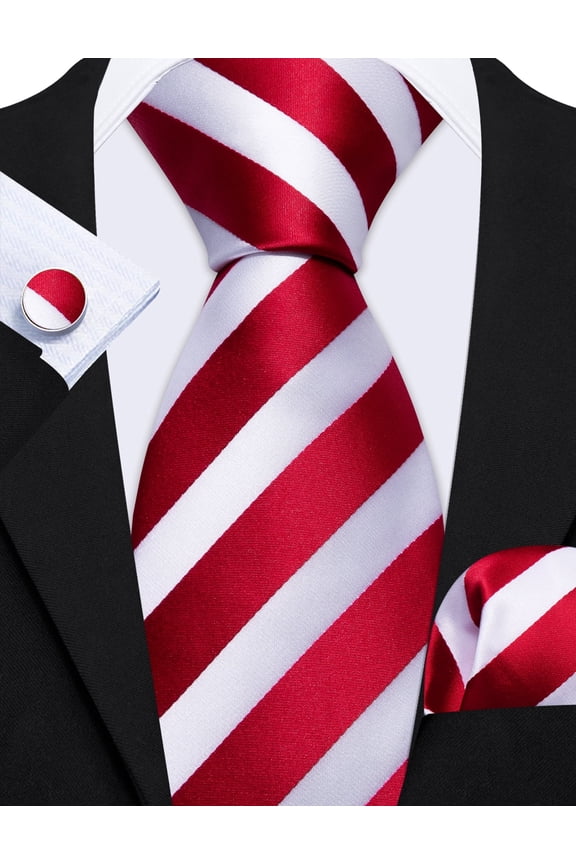 Barry.Wang Red Silk Ties for Men Sets Woven White Striped Formal Necktie Pocket Square Cufflinks Wedding Party 4PCS