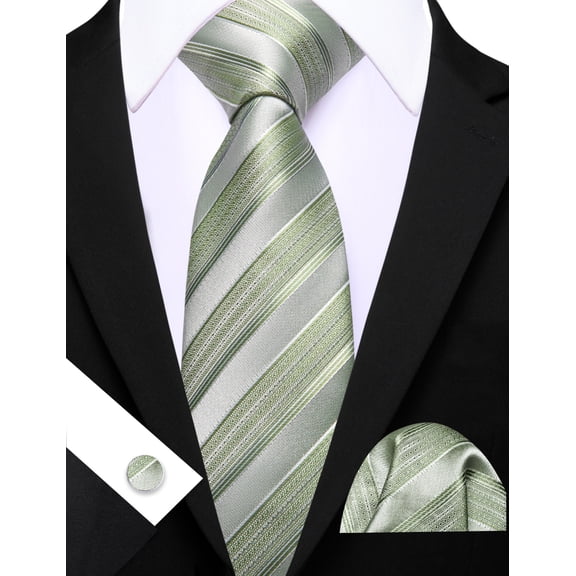 Barry.Wang Sage Green Silk Ties for Men Sets Woven Pure Striped Formal Necktie Pocket Square Cufflinks Wedding Party 4PCS