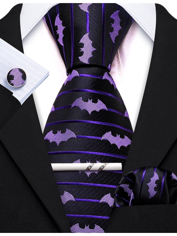 Barry.Wang Silk Ties for Men Designer Fun Black Necktie Clip Pocket Square Cufflinks Graduate Party Festival Purple 5PC