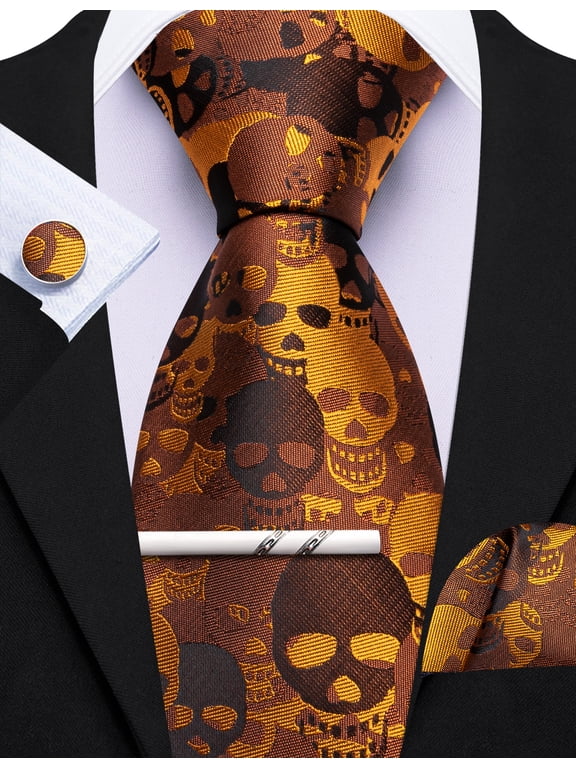 Barry.Wang Silk Ties for Men Designer Fun Black Necktie Clip Pocket Square Cufflinks Halloween Party Festival Skeleton Gold 5PC