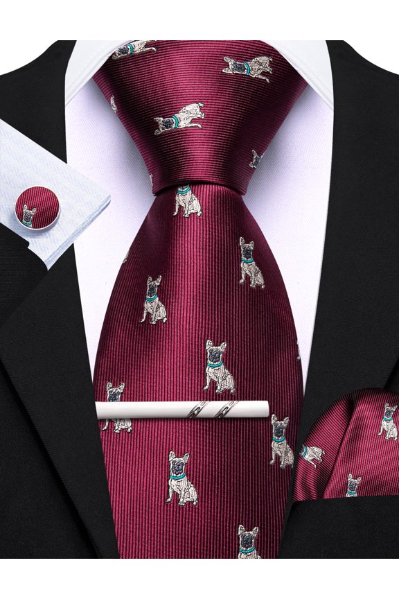 Barry.Wang Silk Ties for Men Designer Fun Necktie Clip Pocket Square Cufflinks Halloween Party Festival Burgundyple 5PC