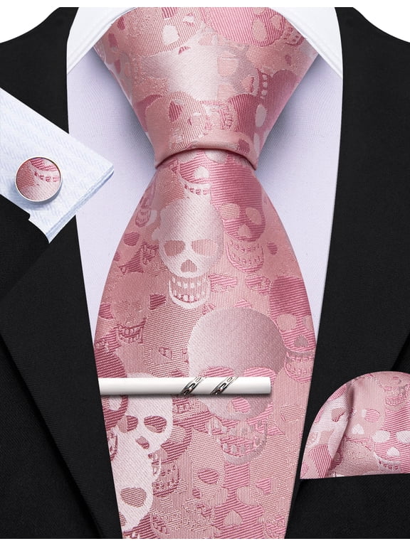 Barry.Wang Silk Ties for Men Designer Fun Necktie Clip Pocket Square Cufflinks Halloween Party Festival Skeleton Pink 5PC