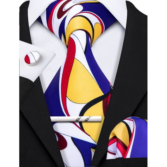 Barry.Wang Silk Ties for Men Designer Fun Necktie Clip Pocket Square Cufflinks Wedding Party Festival Multicoloured 5PC