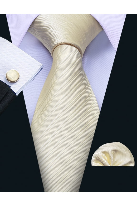 Barry.Wang Stripe Ties for Men Set Pocket Square Cufflinks Check Necktie Set Formal Silk