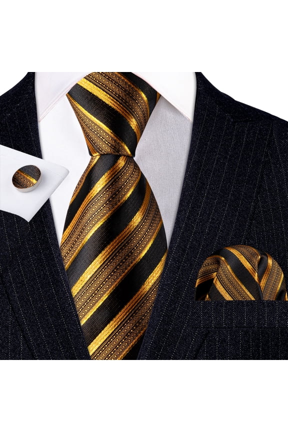 Barry.Wang Stripe Ties for Men Set Pocket Square Cufflinks Check Necktie Set Formal Silk