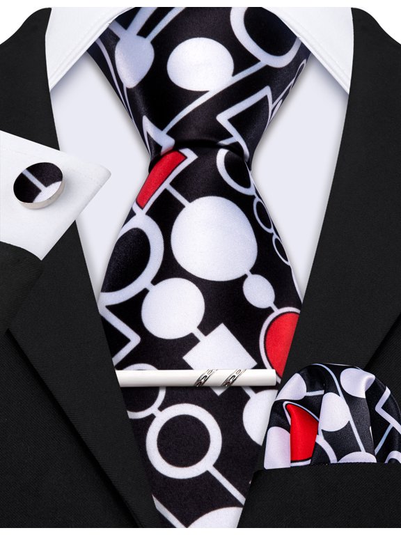 Barry.Wang White Silk Ties for Men Designer Fun Red Necktie Clip Pocket Square Cufflinks Wedding Party Festival Black 5PC