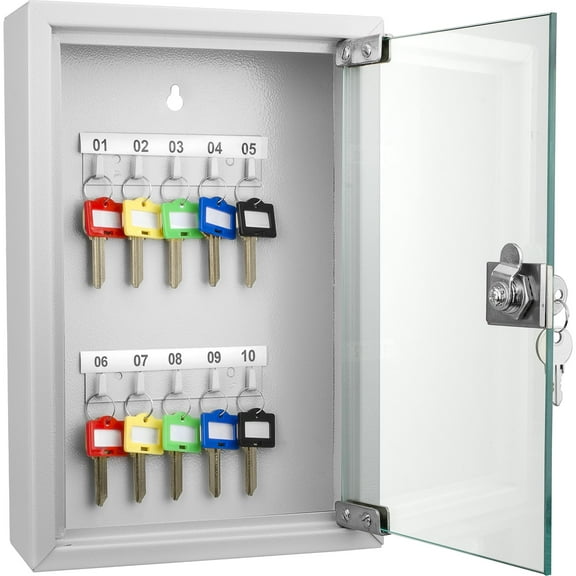 Barska 10 Key Lock Box with Glass Door - Wall Mount Key Cabinet with Labeled Shelves, Colored Key Tags, Solid Steel Construction, Gray - Secure Key Organizer for Home & Office CA2