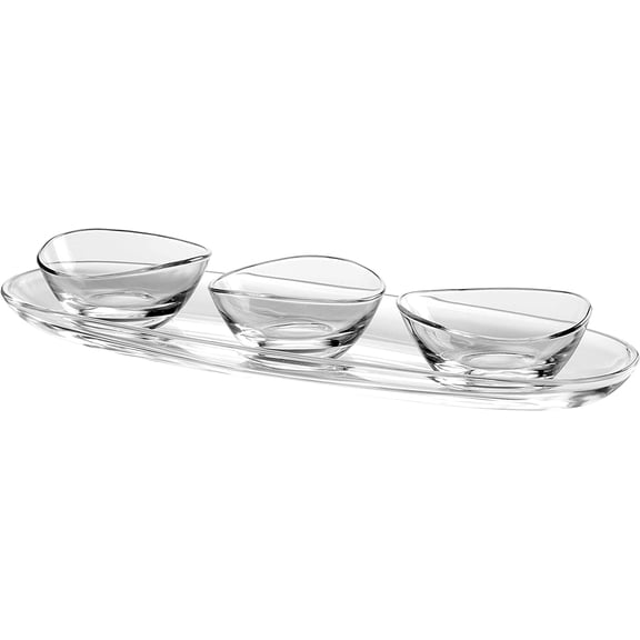 Barski European Glass - Oval - Serving Tray - Platter - 19.5" Long - with Three Small Bowls - 5" Diameter - Could Be Used for Snack Server Or For Dips - 4 Piece Set - Made in Europe