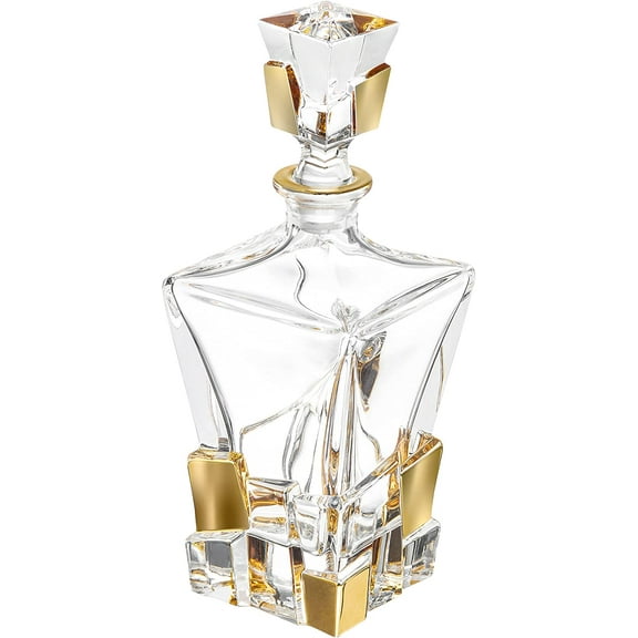 Barski - European Quality - Crystal - Square Shaped - Whiskey/Liquor Decanter - 28 oz. - with Gold Ice Cube Design - Made in Europe