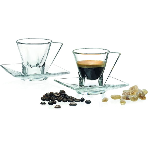 Barski Glass Espresso Cups With Saucers - - Mug - With Saucer - 2.3 oz. - Set of 2 - (Each set has a saucer and a cup) - for Cappuccino, Coffee, Latte, Tea - Made in Europe