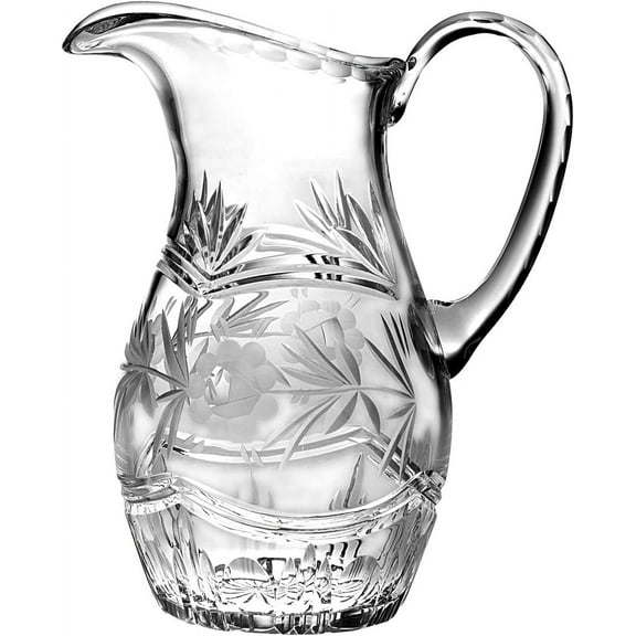 Barski - Hand Cut - Mouth Blown - Crystal Pitcher - with Handle - With Rose Design - 54 oz. - Made in Europe