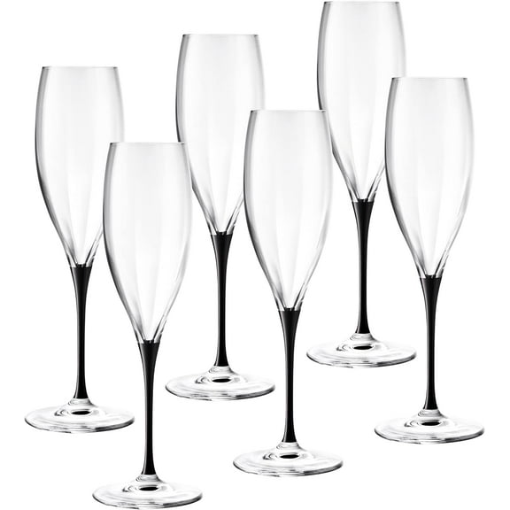 Barski Toasting Flute Glass - Champagne - Flutes - Set of 6 Crystal Glasses - Wedding Toasting Flutes - Black Stem - 11 oz Made in Europe
