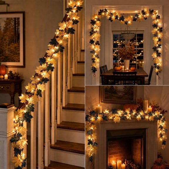 Barsme 5.7Ft Fall Garland with Lights Mantle Staircase Decor White,Artificial Harvest Maple Leaf Vine Garland with Rose,Indoor Outdoor Decor for Thanksgiving, Christmas, Mantel & Wedding Party