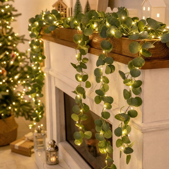 Barsme 78.7 Inch Green Leaf String Lights, Warm Yellow Light Garland For Christmas Tree Window Wall Door Mantel And Seasonal Indoor Decoration
