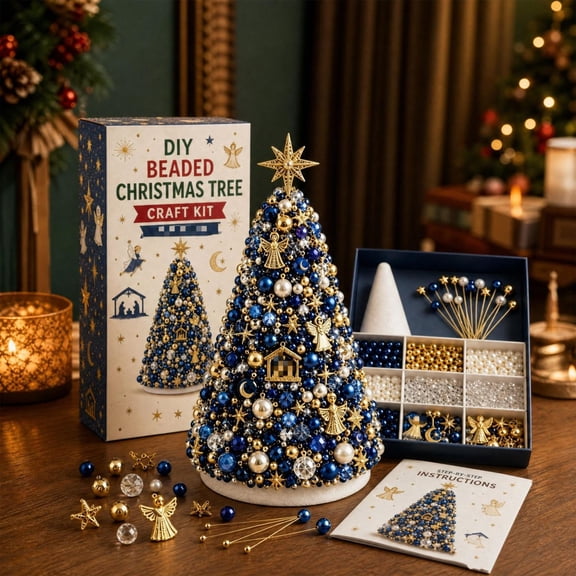Barsme DIY Christmas Beaded Tree Craft Kit for Adults, 3D Pearl Diamond Art Set with Colorful Beads and Angel Tree Topper for Home Holiday Decor D