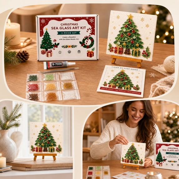 Barsme DIY Christmas Sea Glass Art Mosaic Craft Kit for Adults, with Frame Sea Glass Pieces Adhesive and Tools for a Faith-Inspired Tabletop Craft A