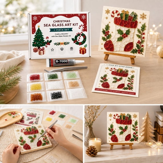 Barsme DIY Christmas Sea Glass Art Mosaic Craft Kit for Adults, with Frame Sea Glass Pieces Adhesive and Tools for a Faith-Inspired Tabletop Craft B