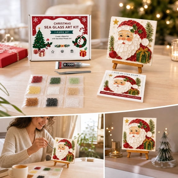 Barsme DIY Christmas Sea Glass Art Mosaic Craft Kit for Adults, with Frame Sea Glass Pieces Adhesive and Tools for a Faith-Inspired Tabletop Craft C