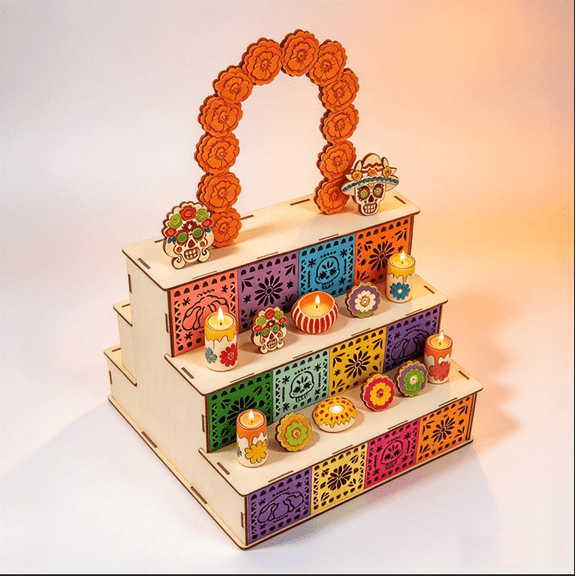 Barsme Day Of The Dead Wooden Altar Display Set,Dia De Los Muertos Decoration 3-Tier Mexican Ofrenda Stand Kit With Sugar Skull Marigold And Candle Accents For Mantel Remembrance