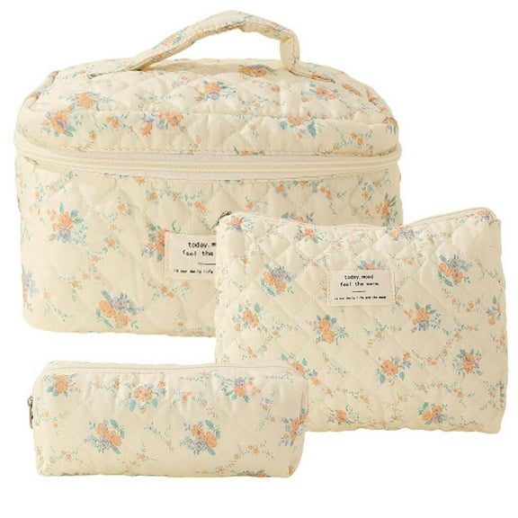 Barsme makeup bag 3 Pcs Cotton Quilted Makeup Bag Set Floral Cotton Cosmetic Bag Toiletry Travel Organizer Bag For Women Girls