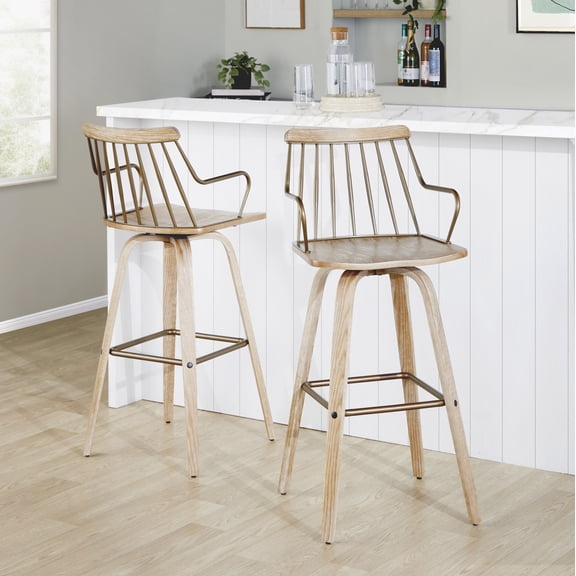 Barstool with 360-Degree Swivel, Whitewashed Wood Spindle-Back Frame and Antique Copper Metal Square Footrest, 29.5" Seat Height, Farmhouse Dining Seating for Kitchen and Indoor Use