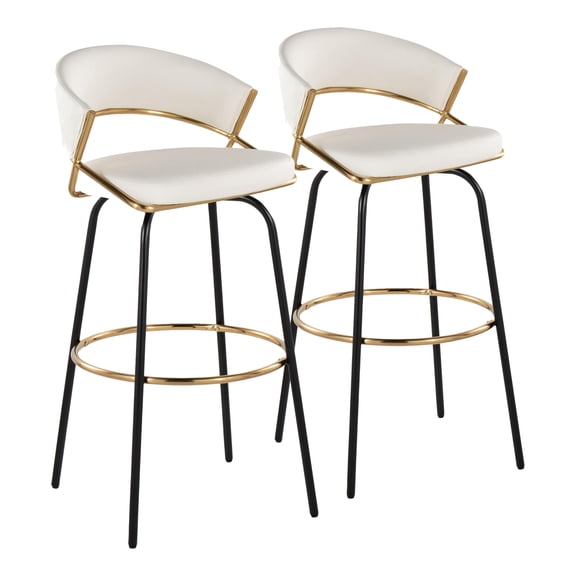 Barstool, Set of 2, 30-Inch Fixed Height Swivel Seat in White Faux Leather with Black Metal Legs and Round Gold Footrest, Contemporary Glam Seating for Kitchen Island or Home Bar