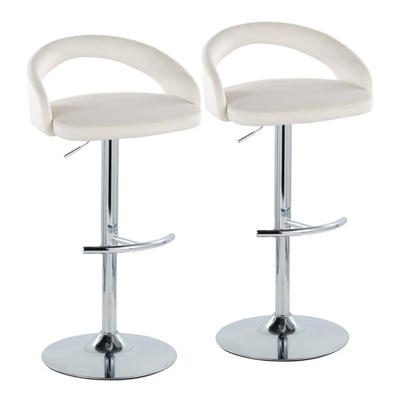 Barstool Set of 2, Adjustable Height Swivel Stools in White Velvet and Chrome Metal with Rounded T Footrest, 23.75-32.25" Seat Height, Contemporary Seating for Kitchen and Bar