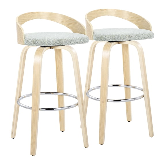 Barstool, Set of 2 Contemporary Fixed-Height 30-Inch Swivel Counter Stools with Light Green Fabric Upholstered Seats, Natural Wood Legs and Chrome Metal Footrest for Indoor Dining Room