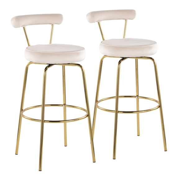 Barstool Set of 2, Fixed Height 30" Seat with 360 Degree Swivel, Cream Velvet Upholstery and Gold Metal Frame, Glam Modern Counter Seating for Kitchen Island and Home Bar Area