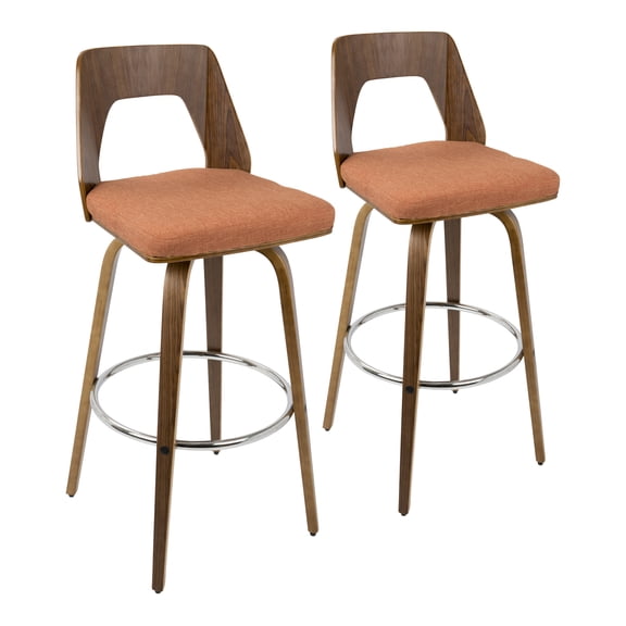 Barstool Set of 2, Mid-Century Modern Swivel Counter Stools with Walnut Bent Wood Legs and Orange Fabric Upholstered Cushioned Seats, Fixed Height for Kitchen Island and Home Bar